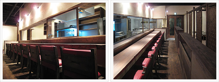 居酒屋「串と魚 にぎわい」 店内カウンター席とオープンキッチン
